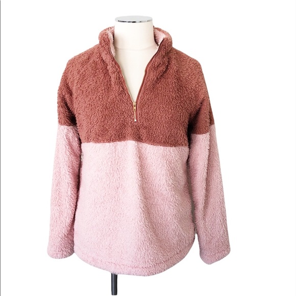 Journey Five Tops - JOURNEY FIVE Women’s Colorblock 1/4 Gold Zip Teddy Pullover Blush Pink Sz M